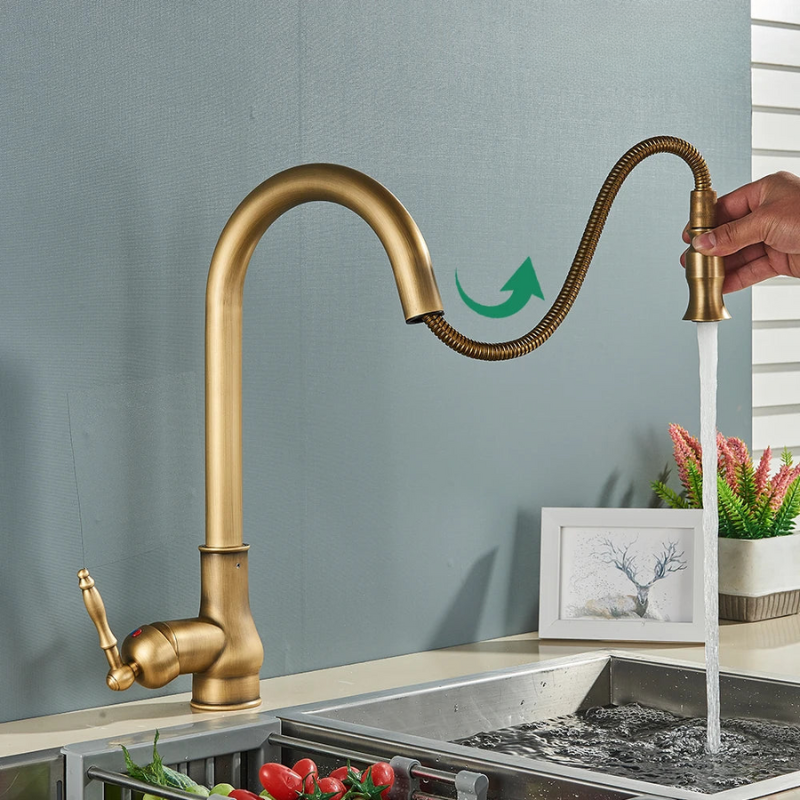 Antique Brass Gooseneck Kitchen Faucet Pull-Down - Image 2
