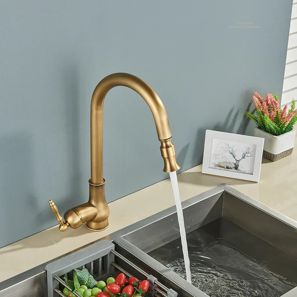 Antique Brass Gooseneck Kitchen Faucet Pull-Down - Image 4
