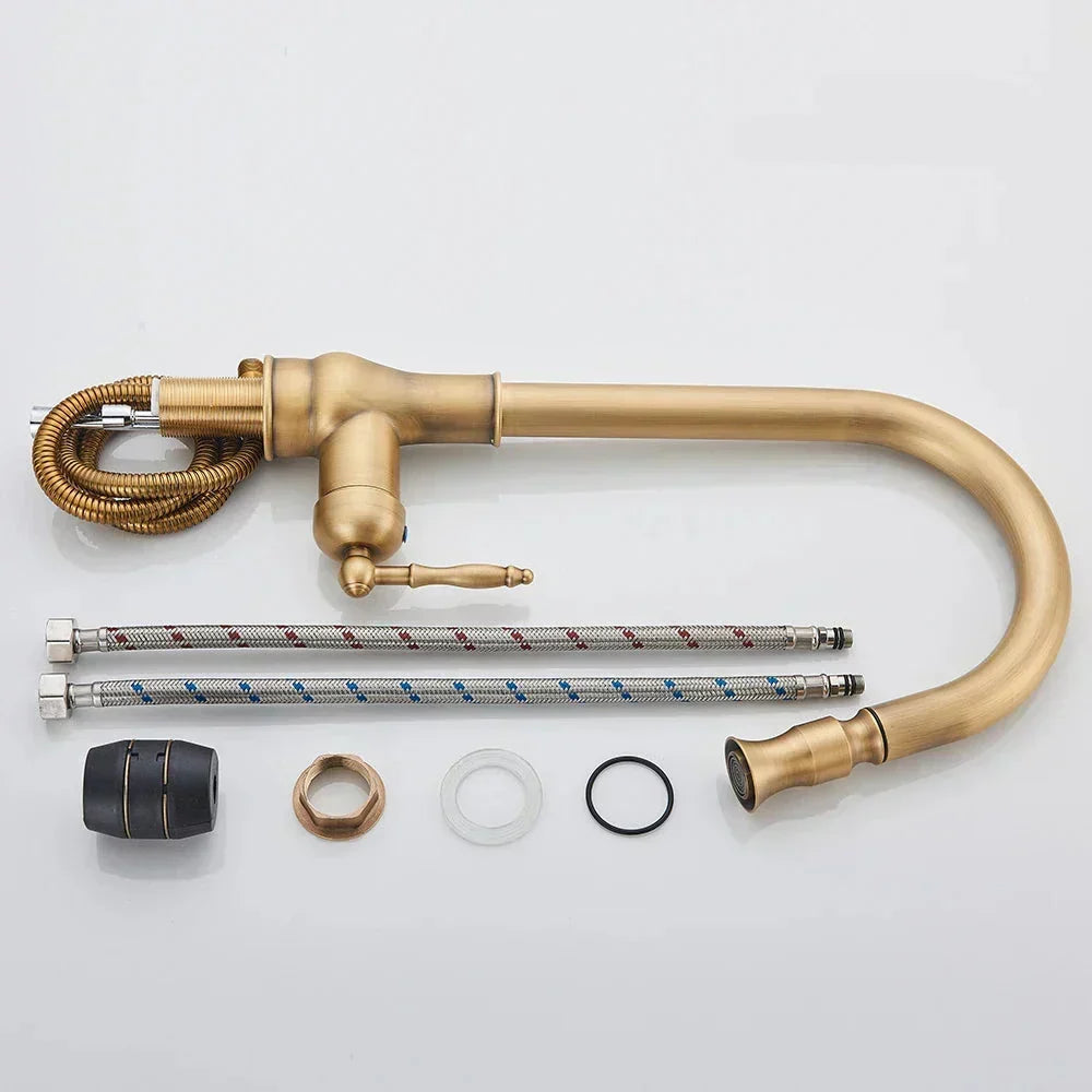 Antique Brass Gooseneck Kitchen Faucet Pull-Down - Image 9