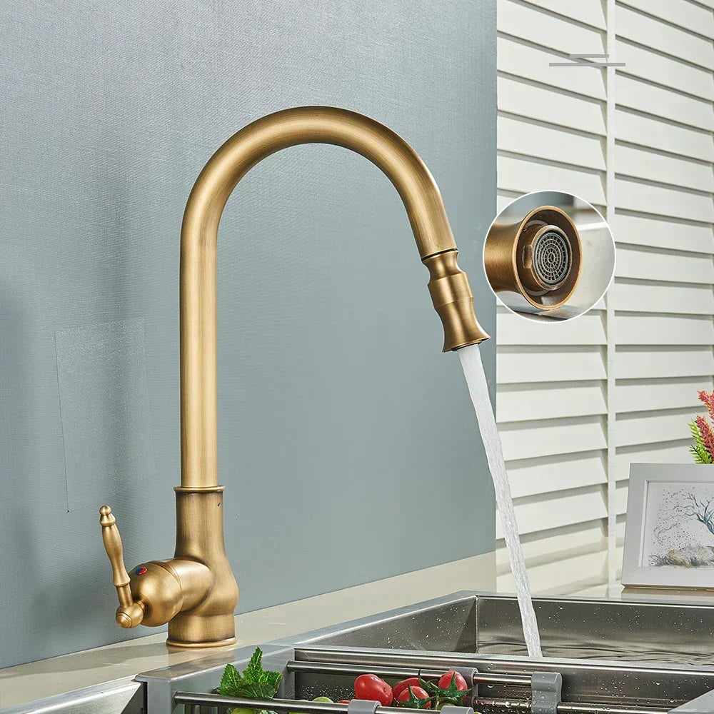 Antique Brass Gooseneck Kitchen Faucet Pull-Down - Image 3