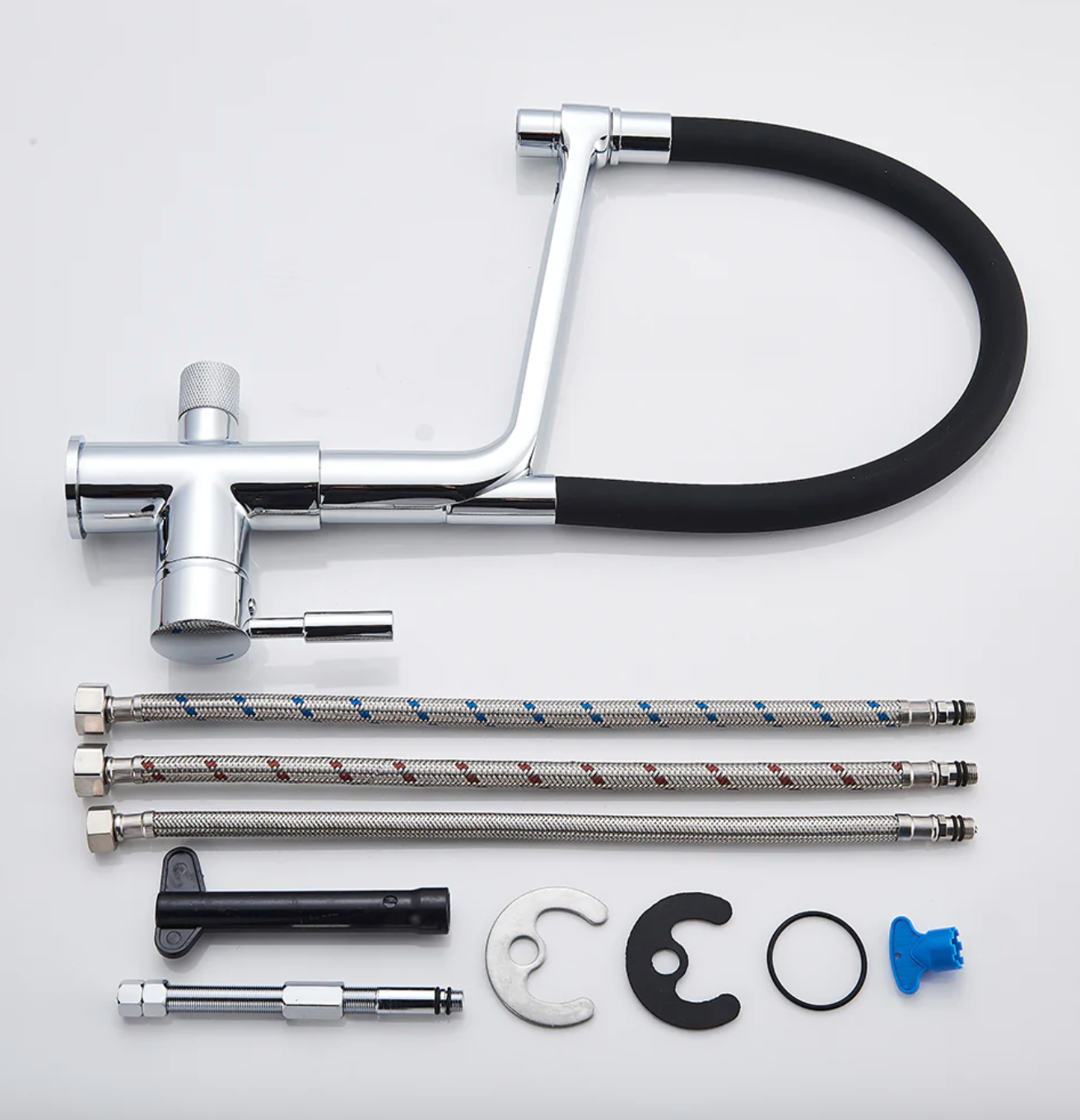Sleek White Kitchen Faucet with Black Pull-Down Sprayer - Image 9