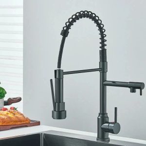 Kitchen faucet with chrome finish and flexible spout