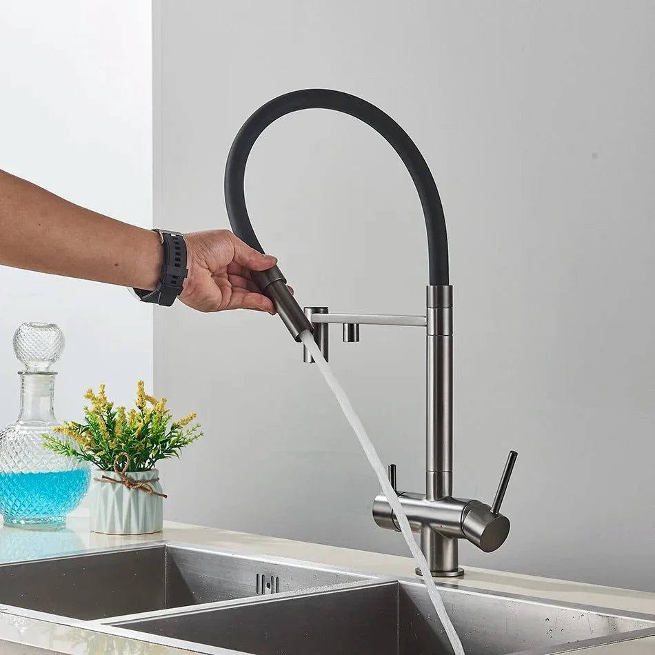 Modern Gunmetal Kitchen Faucet with Flexible Black Spout - Image 2