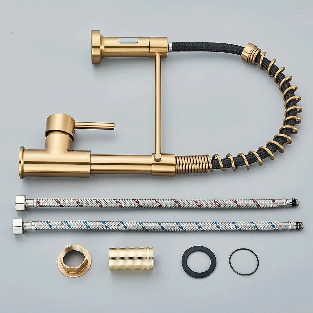 Modern Gold Kitchen Faucet with Black Coil Sprayer - Image 2
