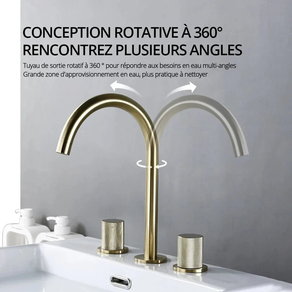 Brushed Gold Gooseneck Basin Faucet with Knurled Handles - Image 2