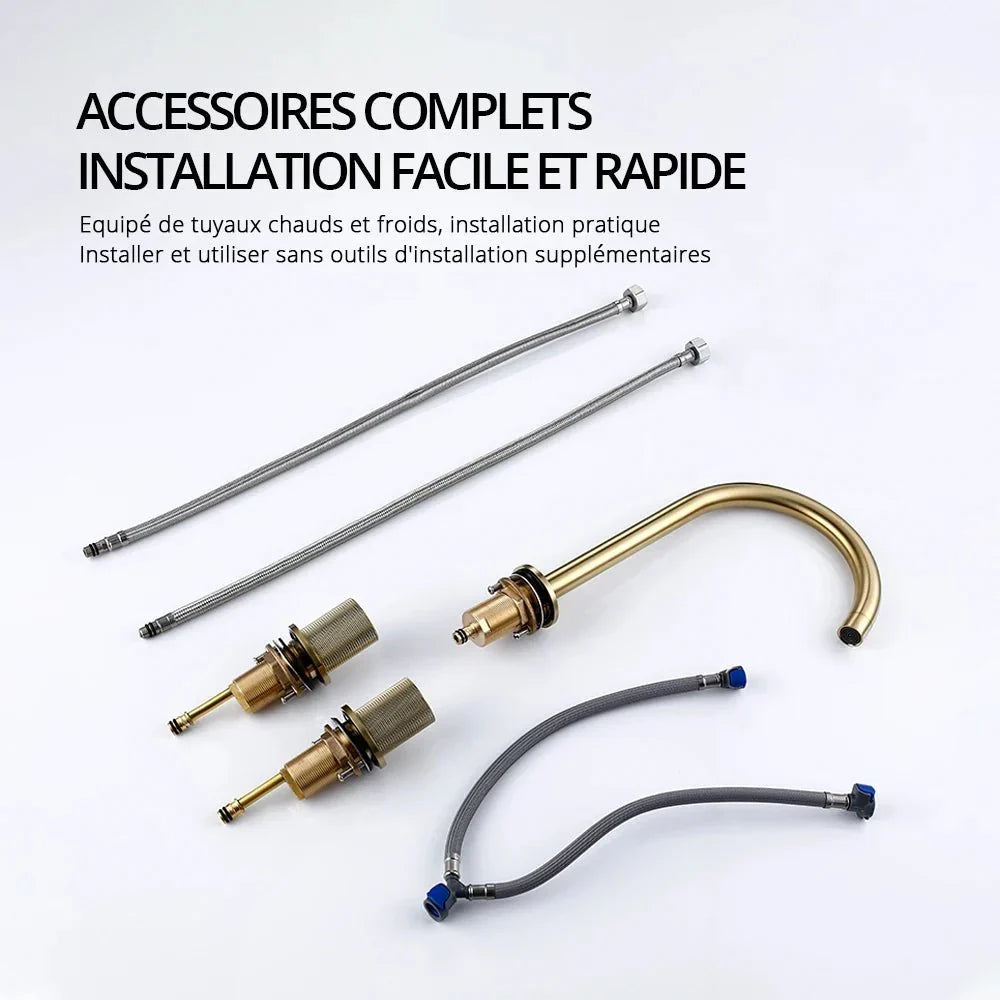 Brushed Gold Gooseneck Basin Faucet with Knurled Handles - Image 4