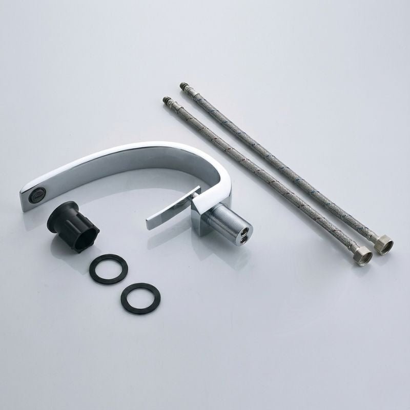 Modern Chrome Bathroom Faucet with Curved Flat Spout - Image 8