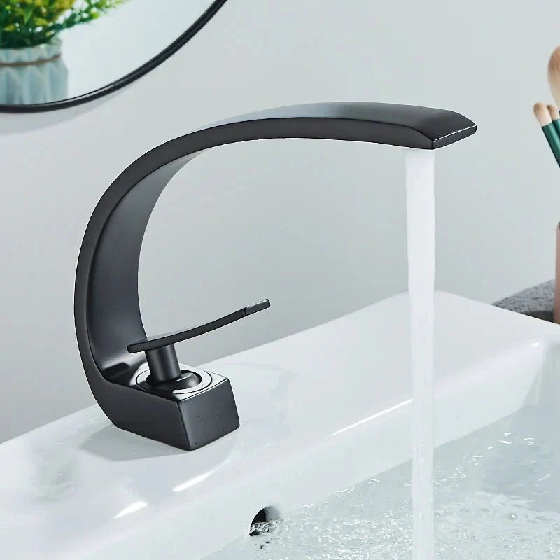 Modern Chrome Bathroom Faucet with Curved Flat Spout - Image 3