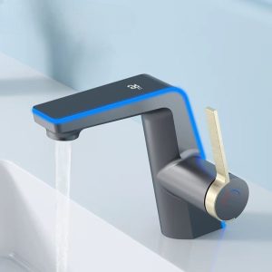 Modern Dark Grey Faucet with Digital Temp & Gold Handle