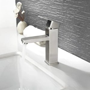 Overview of a brushed stainless steel faucet, timeless style