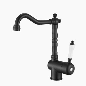 Traditional Matte Black Kitchen Faucet with White Handle
