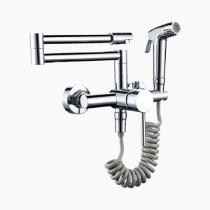 Wall-Mounted Chrome Pot Filler Faucet with Handheld Sprayer