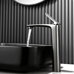 Overview of the brushed grey faucet, contemporary style